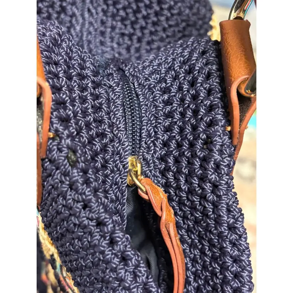The Sak Navy Crochet Shoulder Tote Bag Boho Tribal Stripe Large
